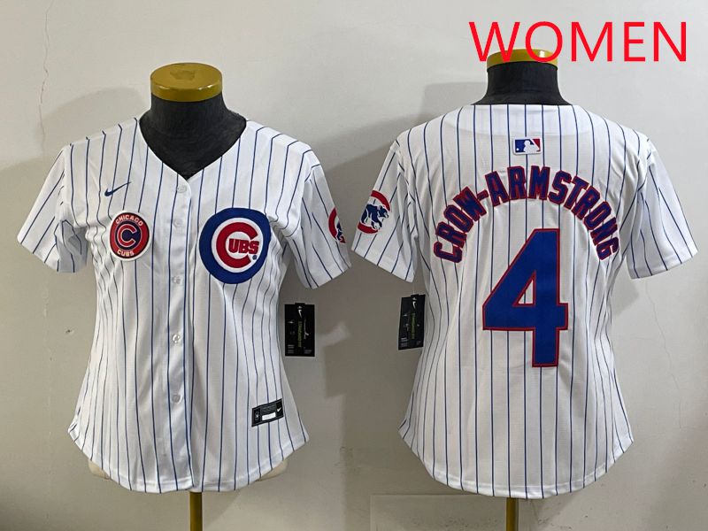 Women 2025 Chicago Cubs #4 Crow-Armstrong White Stripe Game Nike MLB Jersey style 7->women mlb jersey->Women Jersey